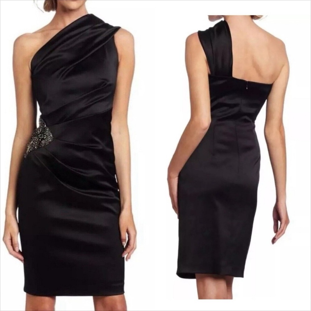 Eliza J Blue Asymmetrical Ruched Embellished Midi Dress